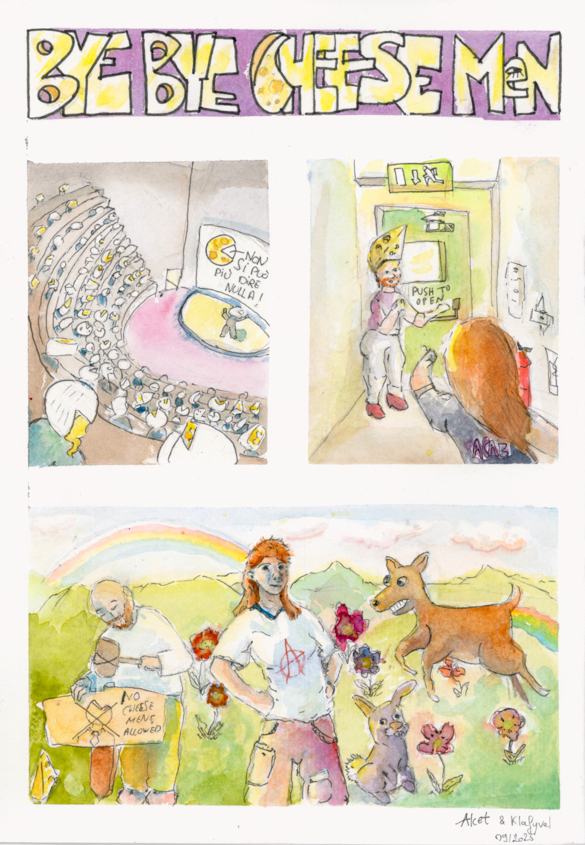 This is a painting of two character. The first one wears a black T-shirt and has long read hair. They are upside-down and reaching towards the bottom with their right hand. The hand touches the the head of the second character, who is bald and has a red beard. Their head is inside a bubble of water were a red fish is swiming. The second character looks surprised. He wears a blue jacket and has painted nails. The background is a watercolors blend of pink and blue.