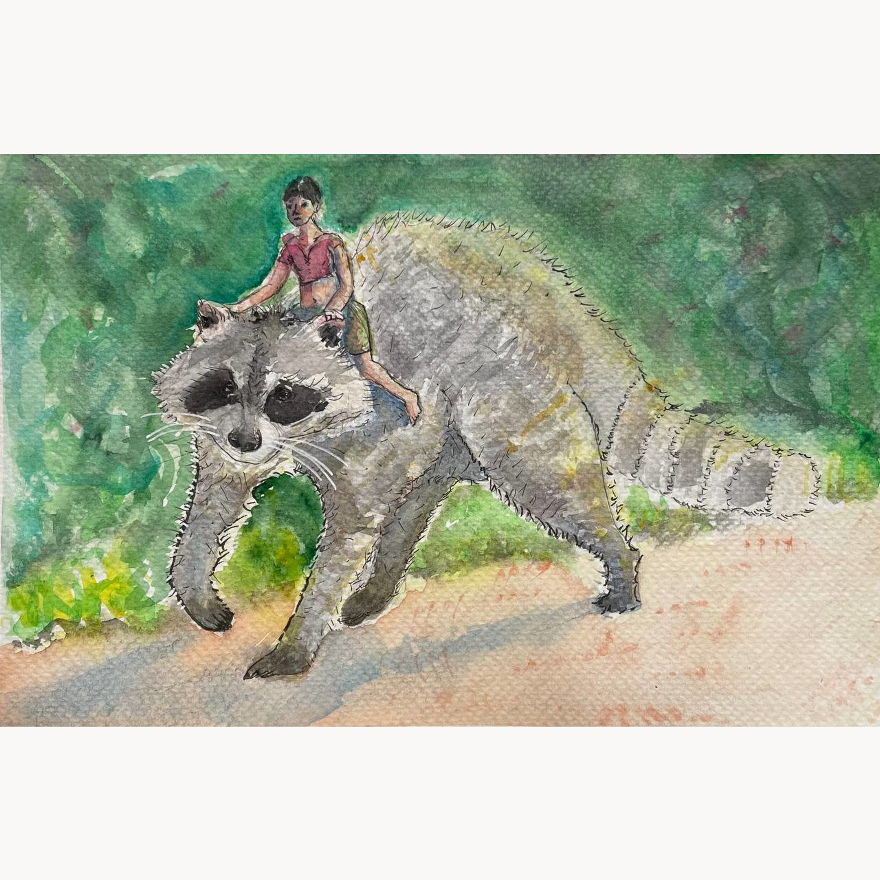 The watercolor represents a little pixie (without wings) riding a huge friendly racoon in a street  in the woods.